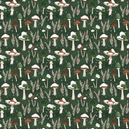 Wilmington Woodland Christmas Green Mushrooms All Over quilting fabric