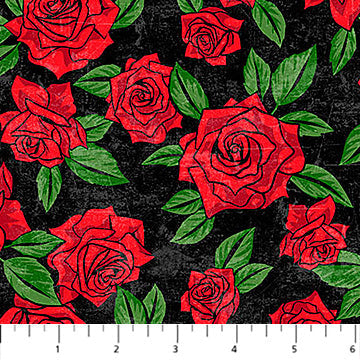 Northcott Till Death Us Do Part Red Roses quilting fabric in Black
