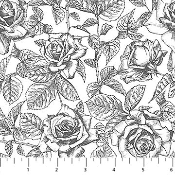 Northcott Till Death Us Do Part Toile Roses quilting fabric in White Gray