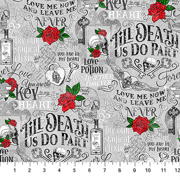 Northcott Till Death Us Do Part Words quilting fabric in Light Gray