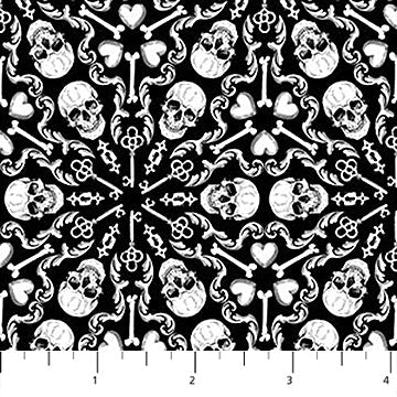 Northcott Till Death Us Do Part Kaleido-Skulls quilting fabric in Black White