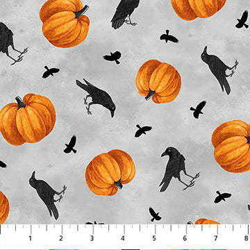 Northcott Spellbound Crows and Pumpkins quilting cotton in Gray