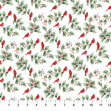 Holly Jolly Cardinal and Holly White Multi quilting fabric by Northcott