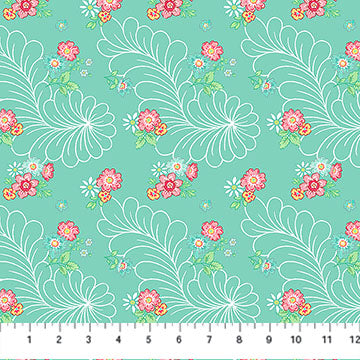 Turquoise Multi Feather Floral Quilting in Bloom 44"/45" Fabric Per Yard