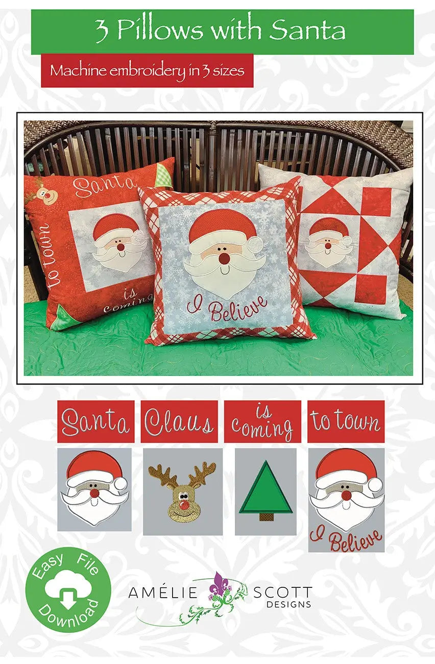 3 Pillows with Santa - Linda's Electric Quilters