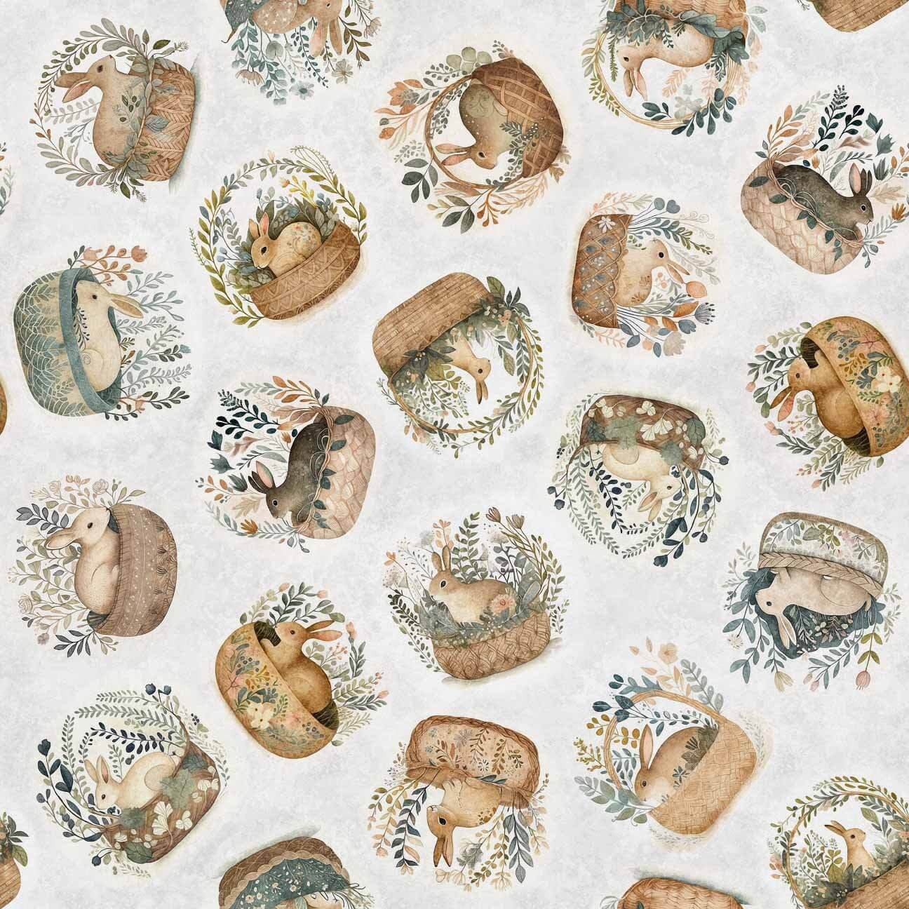 Cotton Tails - Rabbit and Basket Toss - Grey 44" / 45" Fabric Per Yard