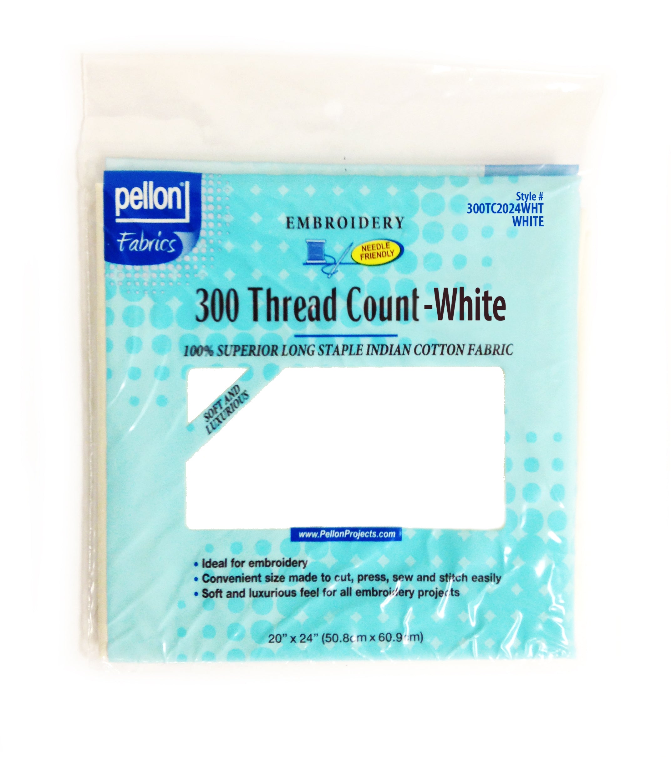 Pellon® 300TC Long Staple Cotton Embroidery Fabric 20" x 24" Package. Color: White.