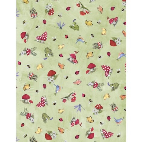Wilmington Gnome and Garden mushroom toss quilting cotton fabric in Green
