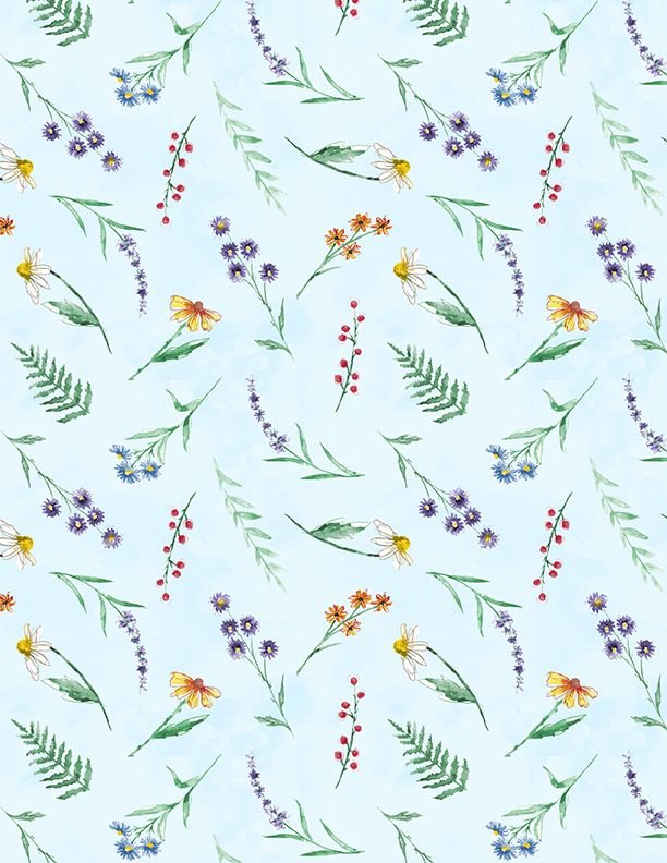 Wilmington Fanciful Flight floral toss quilting cotton fabric in Blue