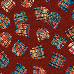 Quilting Treasures Christmas Party Animals sweater toss brick red