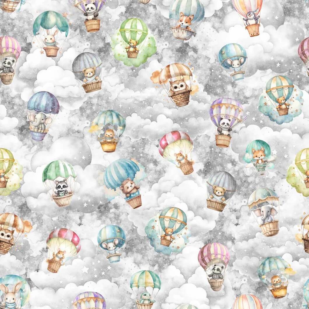 Oh The Places - Baby Animals in Hot Air Balloons - Gray 44" / 45" Fabric Per Yard
