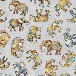 Quilting Treasures Kindred Spirits tossed elephants quilting cotton fabric in Gray