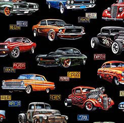 Quilting Treasures Heavy Metal Hot Rods quilting fabric — classic hot rod print