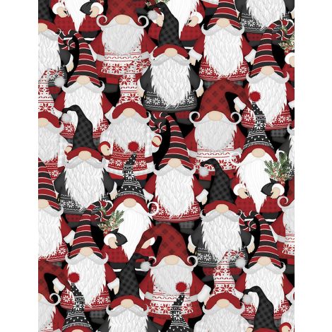 Snowy Gnomies Packed Gnomes Black quilting fabric by Wilmington Prints