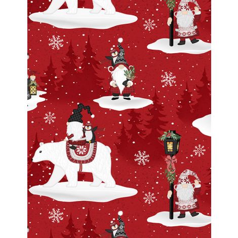 Snowy Gnomies Gnomes Main Red quilting fabric by Wilmington Prints