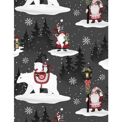 Snowy Gnomies Gnomes Main Black quilting fabric by Wilmington Prints
