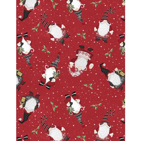 Snowy Gnomies Gnomes Red quilting fabric by Wilmington Prints