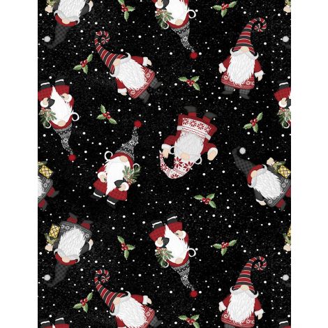 Snowy Gnomies Gnomes Black quilting fabric by Wilmington Prints