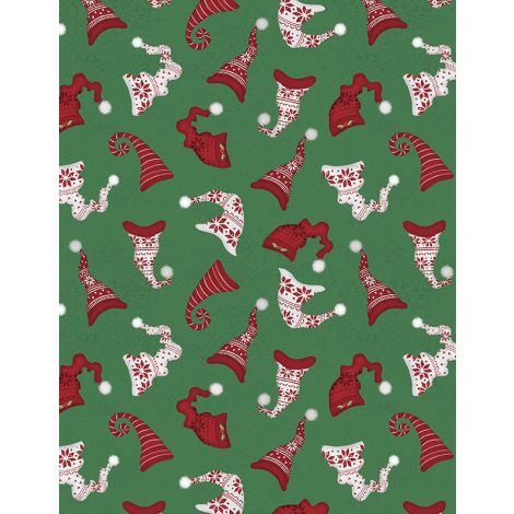 Snowy Gnomies Hats Green quilting fabric by Wilmington Prints