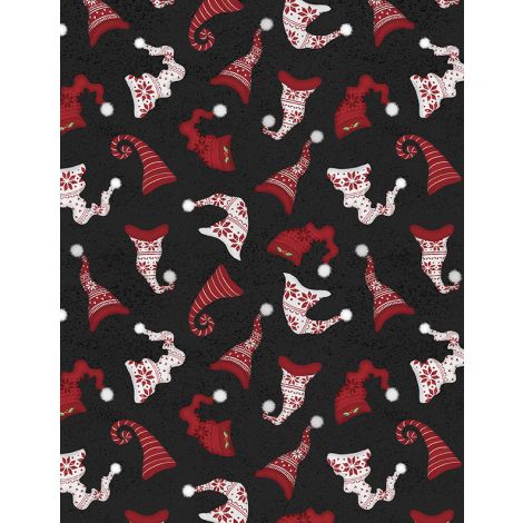 Snowy Gnomies Hats Black quilting fabric by Wilmington Prints