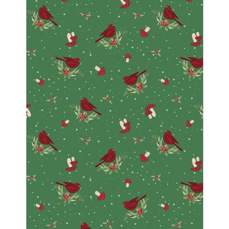 Snowy Gnomies Cardinals Green quilting fabric by Wilmington Prints