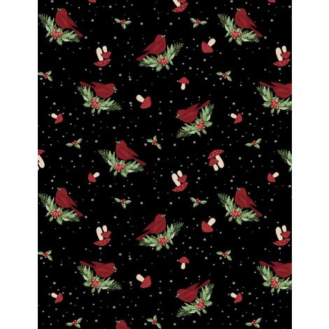 Snowy Gnomies Cardinals Black quilting fabric by Wilmington Prints