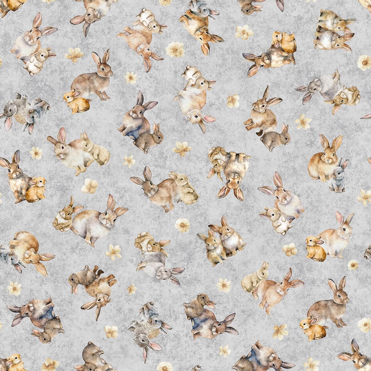 Hunny Bunny - Tossed Bunnies - Gray 44" / 45" Fabric Per Yard