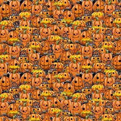 QT Steampunk Halloween 3 Pumpkins quilting fabric in Orange