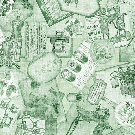 Light Green Sewing Ephemera Sew Shabby Chic Cotton 44"/45" Fabric Per Yard