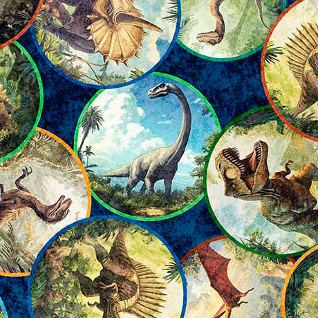 Navy Savage Kingdom Dinosaur Medallions Cotton 44"/45" Fabric Per Yard