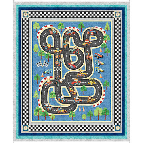 Blue Turbo Tykes Racetrack Playmat Cotton 44"/45" Fabric Per Yard