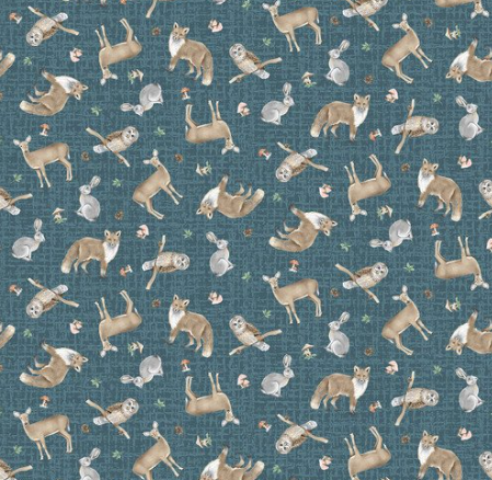 Blank Quilting Jaded Forest Tossed Critters Blue quilting fabric — forest critters on blue