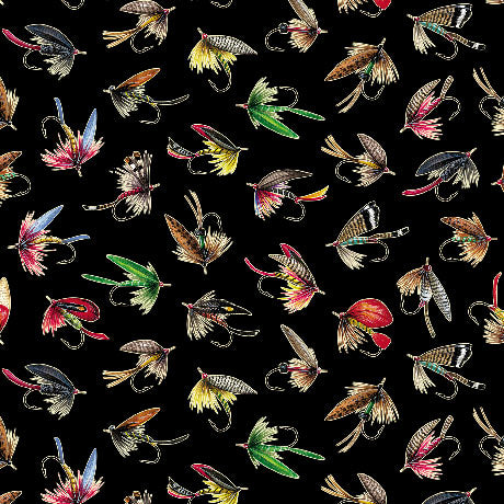 The Lure Of Fishing Fishing Lures Black 44"/45" Cotton Fabric Per Yard