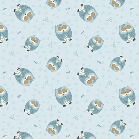 Wilmington Winsome Critters Blue Owl Toss quilting fabric — wide-eyed owls on blue