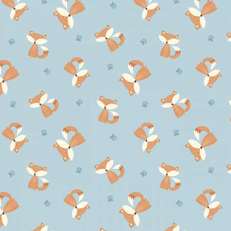 Wilmington Winsome Critters Blue Fox Toss quilting fabric — little foxes on blue