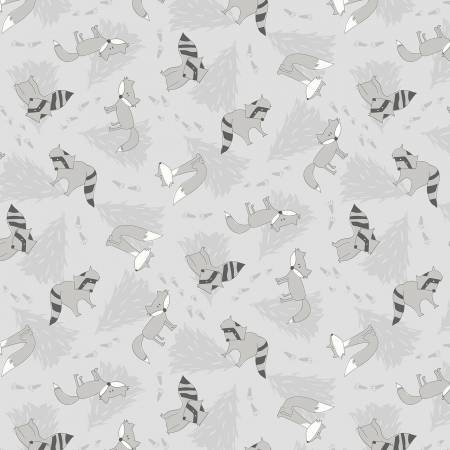 Wilmington Into the Woodlands raccoons and foxes quilting cotton fabric in Gray