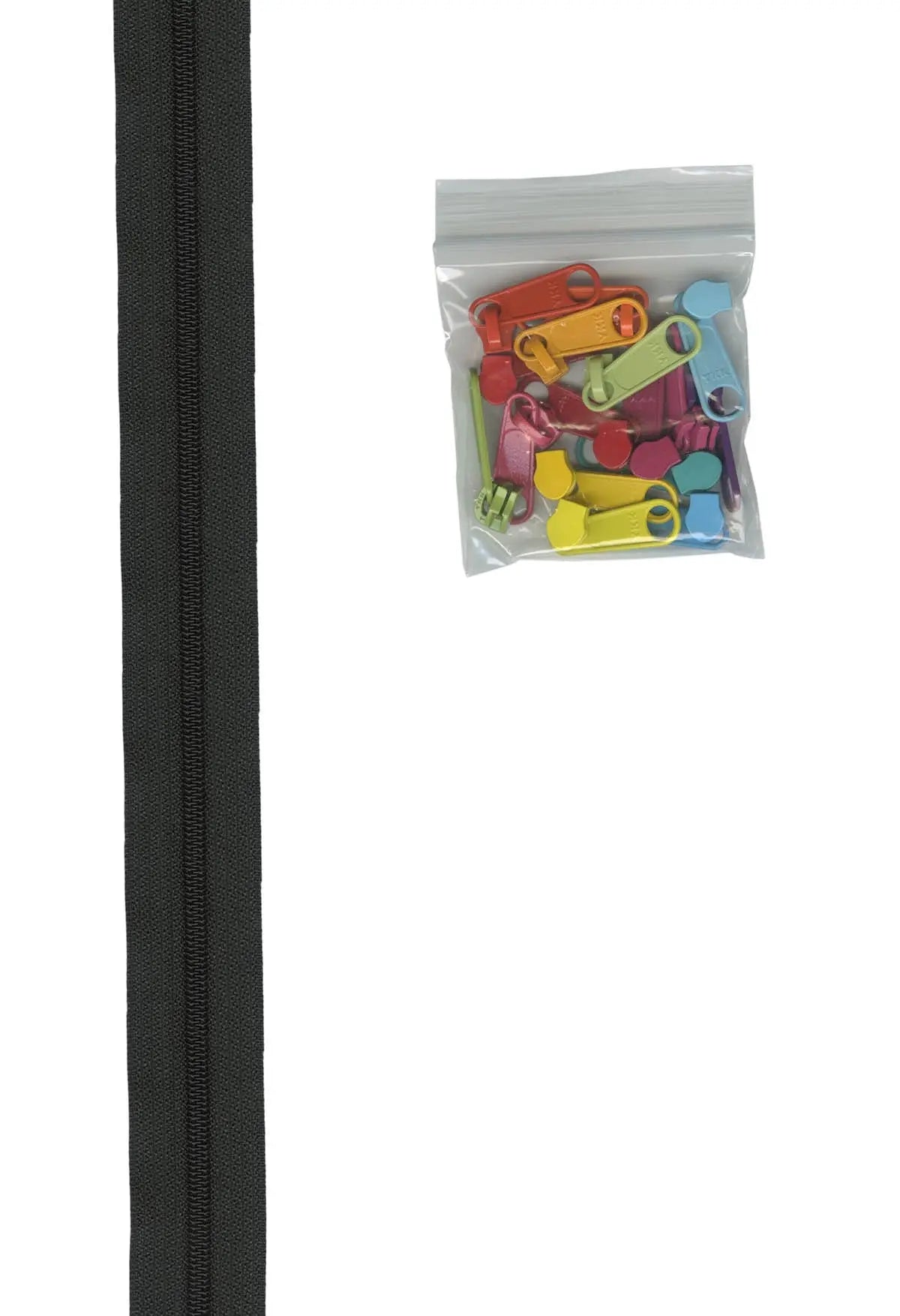 4 yards of 16mm #4.5 zipper chain and 16 Ex-Large Pulls Black with 16 Mult pulls - Linda's Electric Quilters