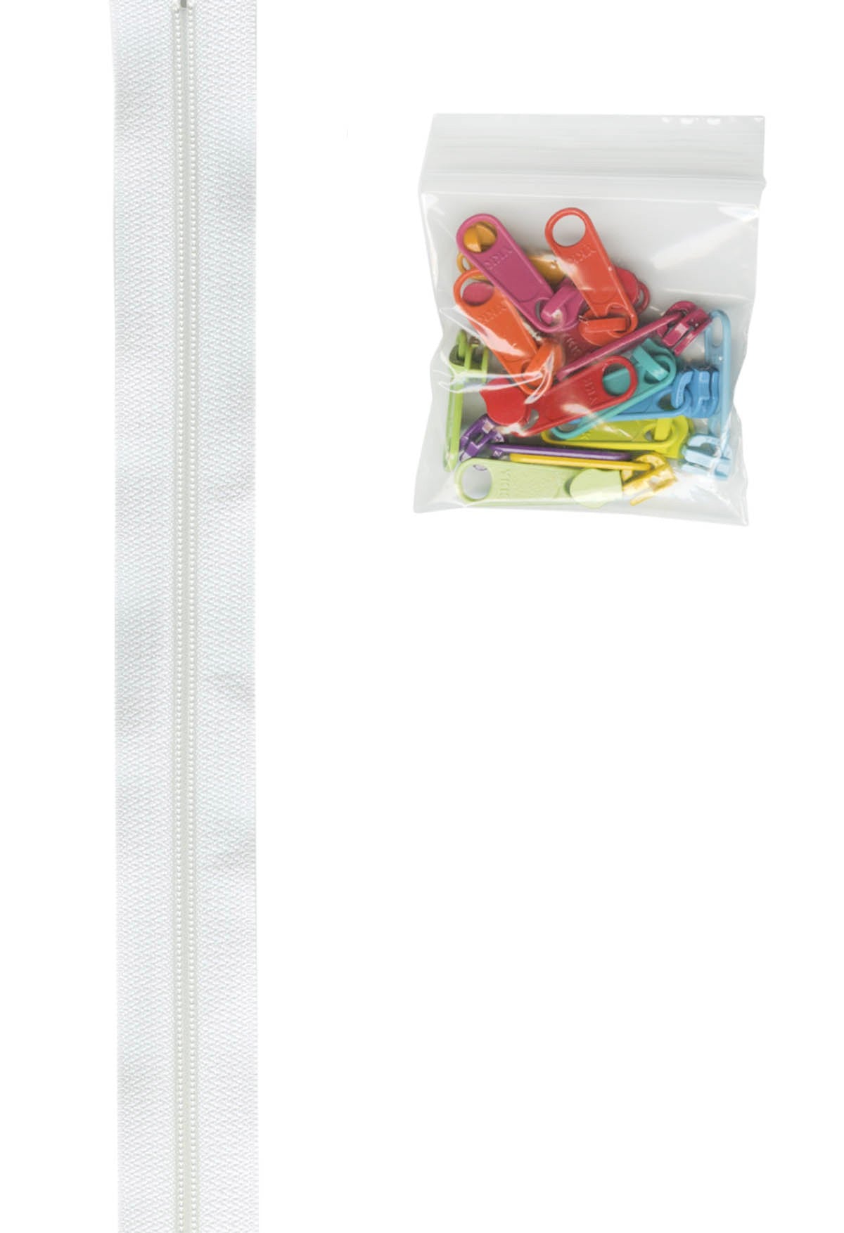 4 yards of 16mm #4.5 zipper chain and 16 Ex-Large Pulls White with 16 Mult pulls