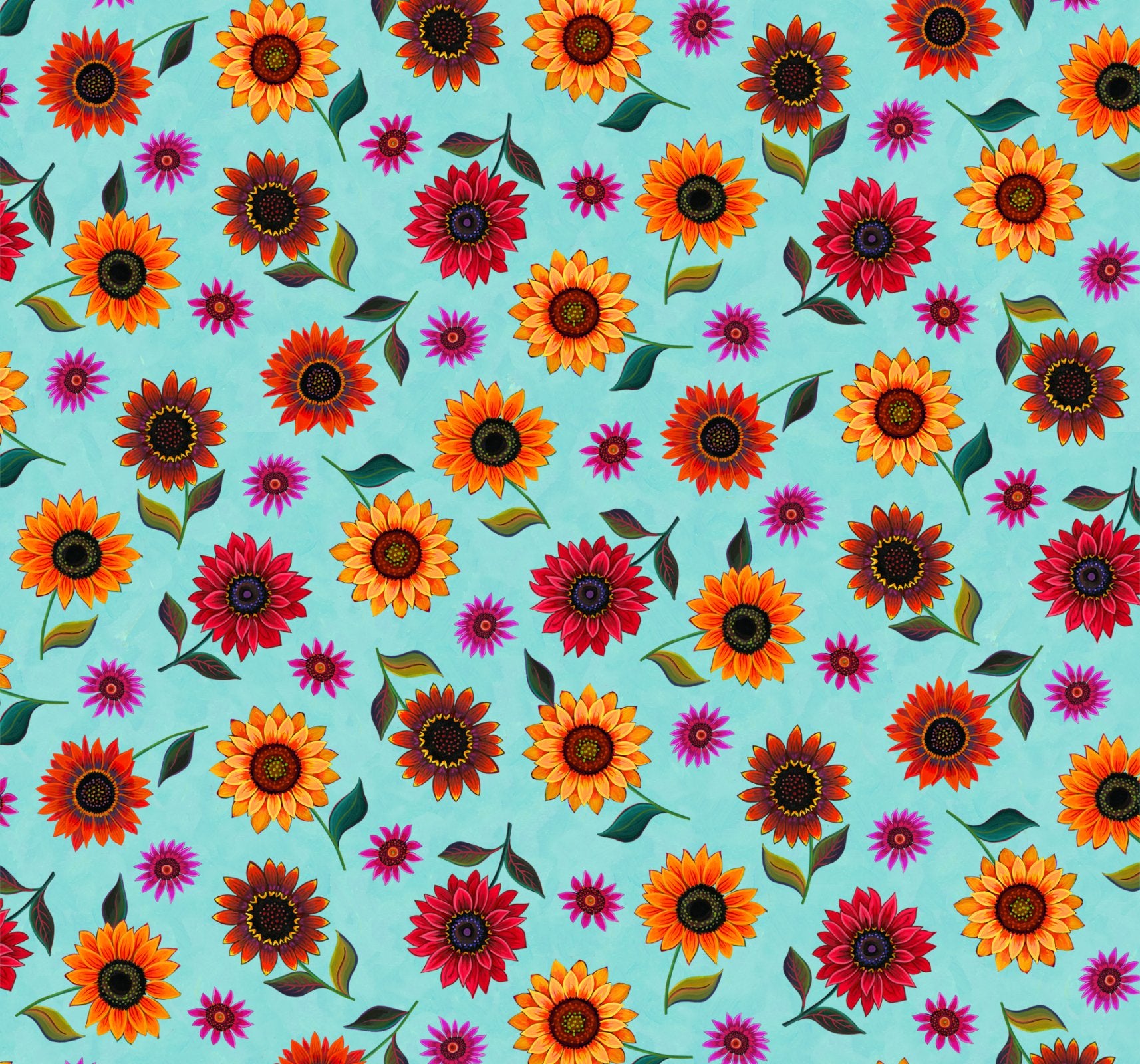 Elizabeth Studios The Love of Sunflowers aqua sunflower quilting cotton