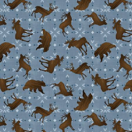 Wilmington Timberland Trails Animal Toss quilting fabric in Blue