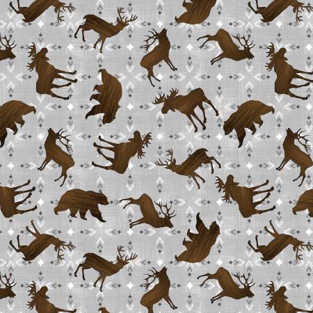 Wilmington Timberland Trails Animal Toss quilting fabric in Gray