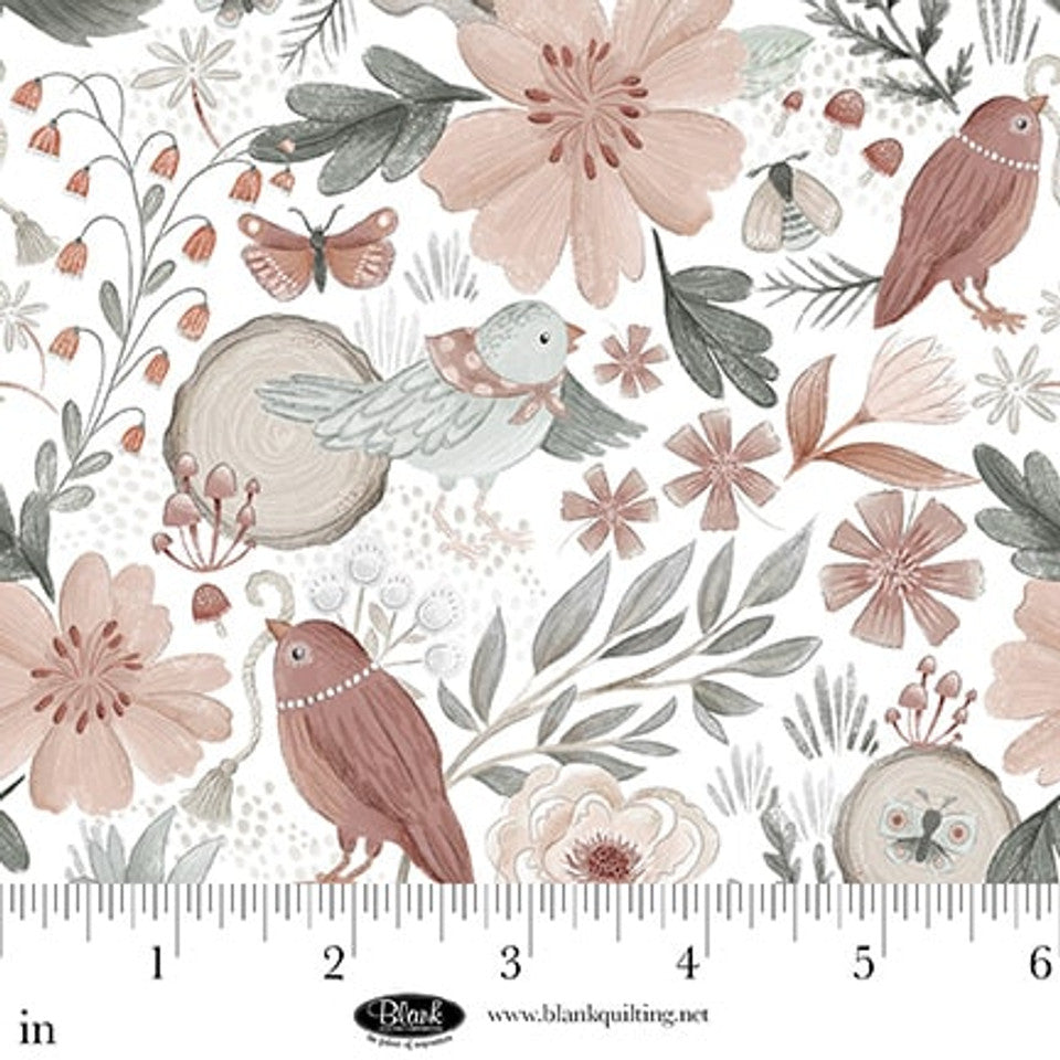 White Birds and Flowers Petals & Pewter Cotton 44"/45" Fabric Per Yard