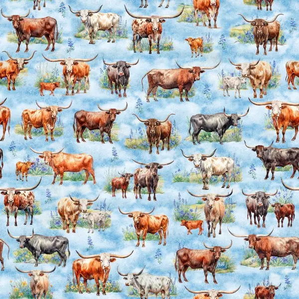 Blue Longhorn Cattle Cotton 44"/45" Fabric Per Yard - Linda's Electric Quilters