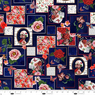 Cameo Appearance Floral and Cameo Patch Navy Cotton 44"/45" Fabric Per Yard