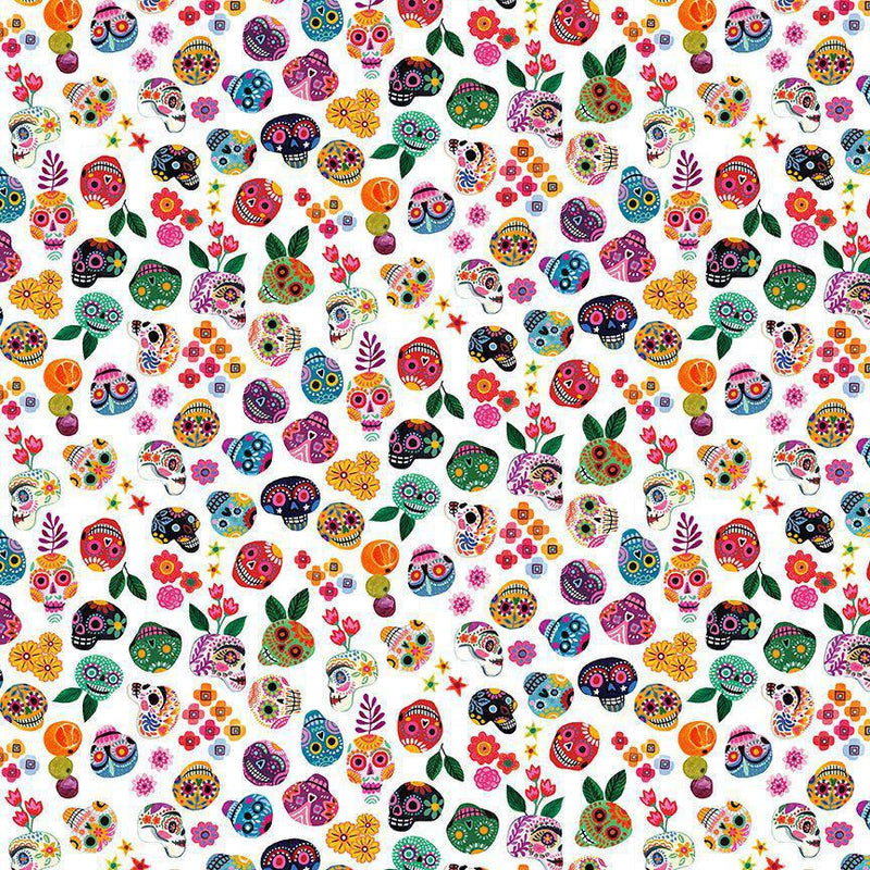 Dear Stella Hola Frida Skulls White Cotton 43"/44" Fabric Per Yard