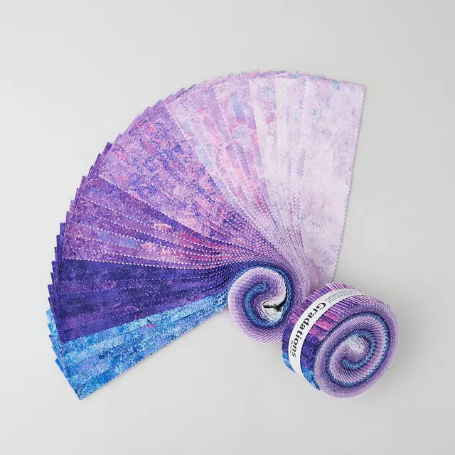 Jelly roll with purple gradations of color and a stone textured appearance. The gorgeous colors and textures from Northcott’s Stonehenge line continue in the Stonehenge Gradations II collection by Linda Ludovico. The mottled colors of these fabrics make them fantastic blenders.