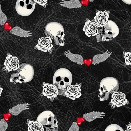 Windham Fabrics Born To Ride Black Skulls quilting fabric — bold skulls on black