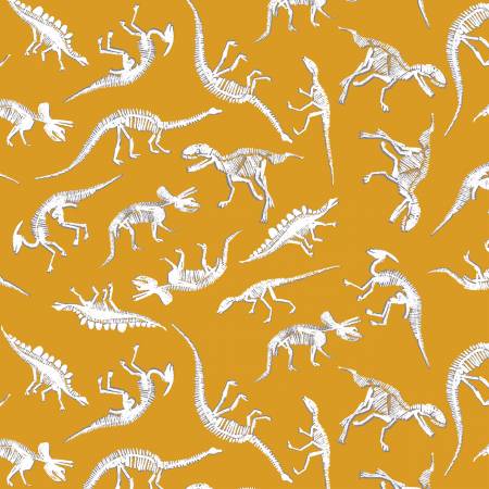 Windham Fabrics Dijon Dino Bones flannel quilting fabric — dinosaur bones on dijon yellow
