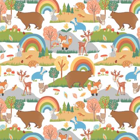 Windham Fabrics Forest Friends White quilting fabric — woodland friends on white
