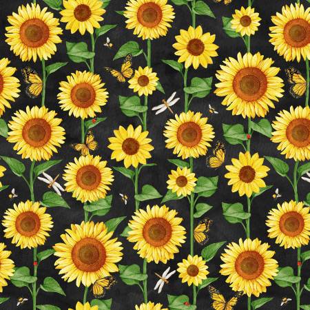 Sunshine Daydream black sunflower field quilting cotton fabric